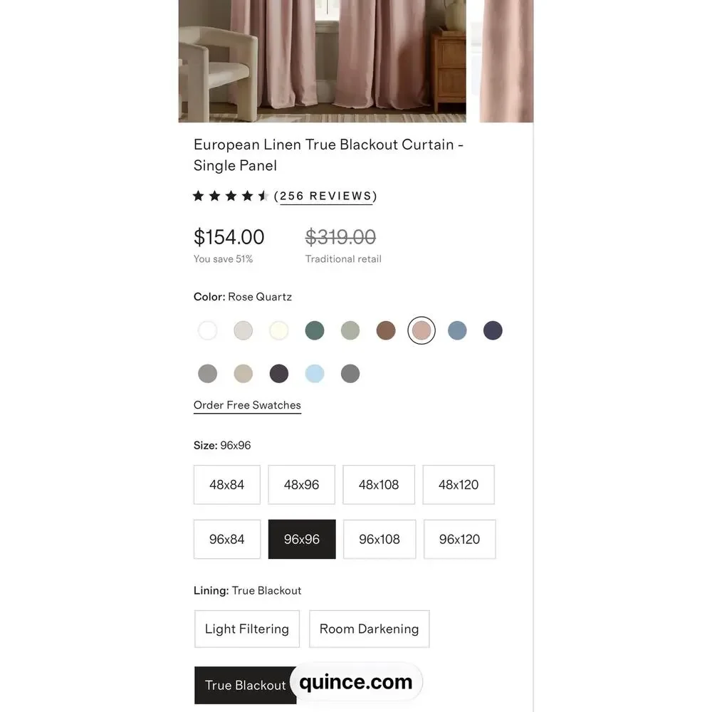 Quince European Linen True Blackout Curtain Single Panel Rose Quartz 96x96 NWT